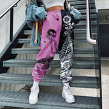 Women Fashion Skull Pattern Print Patchwork Pants Autumn Elastic Waist Pocket Harajuku Sport Trouser Casual Streetwear Sweatpant