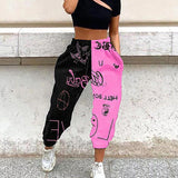 Women Fashion Skull Pattern Print Patchwork Pants Autumn Elastic Waist Pocket Harajuku Sport Trouser Casual Streetwear Sweatpant