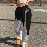 Women Fashion Skull Pattern Print Patchwork Pants Autumn Elastic Waist Pocket Harajuku Sport Trouser Casual Streetwear Sweatpant