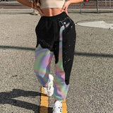 Women Fashion Skull Pattern Print Patchwork Pants Autumn Elastic Waist Pocket Harajuku Sport Trouser Casual Streetwear Sweatpant