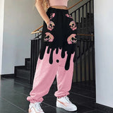 Women Fashion Skull Pattern Print Patchwork Pants Autumn Elastic Waist Pocket Harajuku Sport Trouser Casual Streetwear Sweatpant