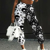 Women Fashion Skull Pattern Print Patchwork Pants Autumn Elastic Waist Pocket Harajuku Sport Trouser Casual Streetwear Sweatpant