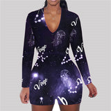 hirigin Zodiac Signs Bodysuit Sexy Women Long Sleeve Bodycon Pajama Romper Women Shorts Leotard Playsuit Overalls Sleepwear