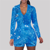 hirigin Zodiac Signs Bodysuit Sexy Women Long Sleeve Bodycon Pajama Romper Women Shorts Leotard Playsuit Overalls Sleepwear