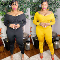 Streetwear Bodycon Jumpsuit Women Ruched Sleeve Pants Overalls 2020 Autumn Femm Skinny Rompers Plus Size XXL-5XL Outfits