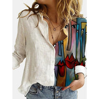 Women Portrait Print Turn-down Collar Button Blouse Shirt 2020 Autumn Long Sleeve Tops Lady New Casual Plus Size Vintage Blouses