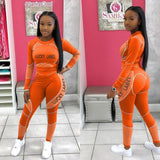 Echoine Autumn Long Sleeve Letter Print Biker Sportwear Womemn Tracksuit Sexy Crop Top and Pants Two Piece Set Jogging Femme