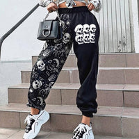 Women Fashion Skull Pattern Print Patchwork Pants Autumn Elastic Waist Pocket Harajuku Sport Trouser Casual Streetwear Sweatpant