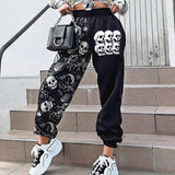Women Fashion Skull Pattern Print Patchwork Pants Autumn Elastic Waist Pocket Harajuku Sport Trouser Casual Streetwear Sweatpant