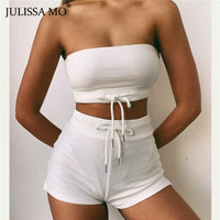 JULISSA MO Sexy Off Shoulder Crop Tops Biker Shorts Sets Two Piece Women Tracksuit 2020 Summer Female Drawstring Sporty Outfits