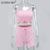 JULISSA MO Sexy Off Shoulder Crop Tops Biker Shorts Sets Two Piece Women Tracksuit 2020 Summer Female Drawstring Sporty Outfits