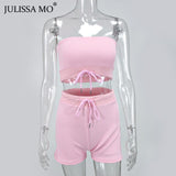 JULISSA MO Sexy Off Shoulder Crop Tops Biker Shorts Sets Two Piece Women Tracksuit 2020 Summer Female Drawstring Sporty Outfits
