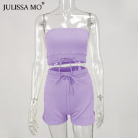 JULISSA MO Sexy Off Shoulder Crop Tops Biker Shorts Sets Two Piece Women Tracksuit 2020 Summer Female Drawstring Sporty Outfits