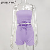 JULISSA MO Sexy Off Shoulder Crop Tops Biker Shorts Sets Two Piece Women Tracksuit 2020 Summer Female Drawstring Sporty Outfits
