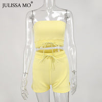 JULISSA MO Sexy Off Shoulder Crop Tops Biker Shorts Sets Two Piece Women Tracksuit 2020 Summer Female Drawstring Sporty Outfits