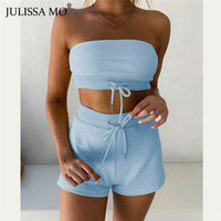 JULISSA MO Sexy Off Shoulder Crop Tops Biker Shorts Sets Two Piece Women Tracksuit 2020 Summer Female Drawstring Sporty Outfits