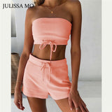 JULISSA MO Sexy Off Shoulder Crop Tops Biker Shorts Sets Two Piece Women Tracksuit 2020 Summer Female Drawstring Sporty Outfits