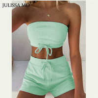 JULISSA MO Sexy Off Shoulder Crop Tops Biker Shorts Sets Two Piece Women Tracksuit 2020 Summer Female Drawstring Sporty Outfits