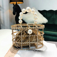 Pearl Basket Evening Clutch Bag Women 2019 Summer Hollow Out Diamonds Beading Alloy Metallic Handbag Female Fashion Party