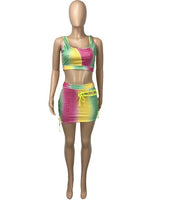 Beyprern New Chic Rainbows Print Crop Top And Skirt Set Two-Piece Suits Womens Lace-Up Bandage Tracksuit Set Party Club Outfits