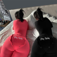 CHRONSTYLE Deep V-neck Buttons Sexy Rompers Women Long Sleeve Jumpsuits Autumn Letter Embroidery Sleepwear Back Flap Streetwear