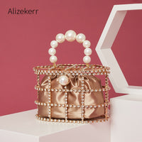 Pearl Basket Evening Clutch Bag Women 2019 Summer Hollow Out Diamonds Beading Alloy Metallic Handbag Female Fashion Party