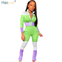 HAOYUAN Casual Two Piece Set Jumpsuit Tracksuit Women 2020 Fall Outfits Long Sleeve Zip Crop Top Stacked Leggings Matching Sets