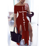 Letter Pattern Off Shoulder Split Maxi Dress Women Fall Winter 2020 Short Sleeve Sheath Casual Fashion Sexy Club Long Dresses