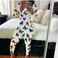 hirigin Fashion Printed Jumpsuits V-neck Full Sleeve Rompers Skinny Club Sexy Sports Fitness Overall Party Sleepwear Homewear