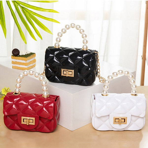 Women Mini Handbag New Elegant Shoulder Messenger Portable Chain Bag Girl PVC Jelly Bag Pearl Crossbody Rhombus Small Square Bag