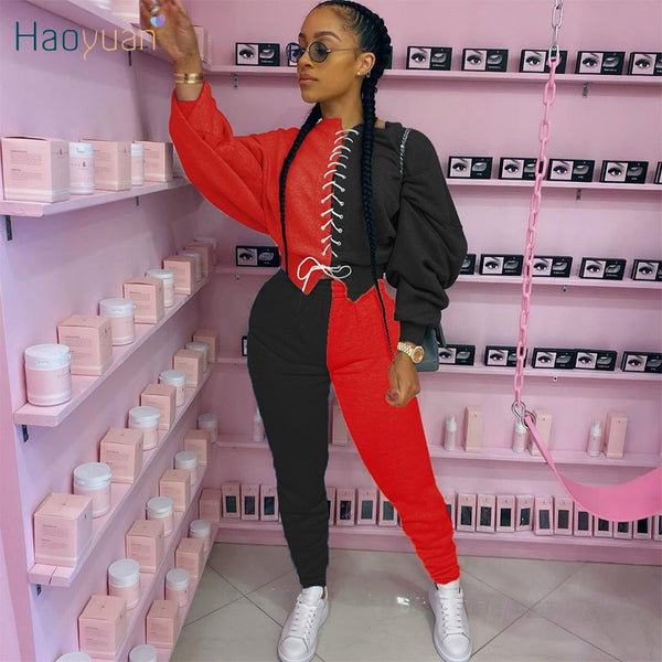 HAOYUAN Sexy Fashion Two Piece Set Jumpsuit Long Sleeve Bandage Top+Pants Tracksuit Women Fall Outfits Streetwear Matching Sets