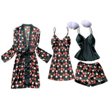 4 Pieces Women Pajamas Sets Satin Sleepwear Silk Nightwear Pyjama Spaghetti Strap Sleep Lounge Pijama with Chest Pads