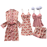 4 Pieces Women Pajamas Sets Satin Sleepwear Silk Nightwear Pyjama Spaghetti Strap Sleep Lounge Pijama with Chest Pads