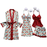4 Pieces Women Pajamas Sets Satin Sleepwear Silk Nightwear Pyjama Spaghetti Strap Sleep Lounge Pijama with Chest Pads