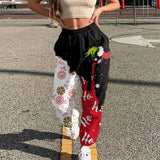 Women Fashion Skull Pattern Print Patchwork Pants Autumn Elastic Waist Pocket Harajuku Sport Trouser Casual Streetwear Sweatpant