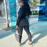 Hollow Out Jumpsuits Women 2020 Turtleneck Sexy Net Plaid Hole Skinny Elastic Club Streetwear Solid Rompers Female Outfits