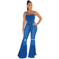 Tsuretobe Fashion Denim Flare Pants Women Retro Ripped Jeans Wide Leg Trousers Lady Casual Bell-Bottoms Flare Pant Female
