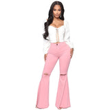 Tsuretobe Fashion Denim Flare Pants Women Retro Ripped Jeans Wide Leg Trousers Lady Casual Bell-Bottoms Flare Pant Female