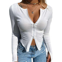 Women Front Zipper Ribbed Crop Top Autumn Solid Color Zip Long Sleeve V Neck Tight Knitwear T Shirts Tops