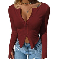 Women Front Zipper Ribbed Crop Top Autumn Solid Color Zip Long Sleeve V Neck Tight Knitwear T Shirts Tops