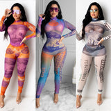 US Money Dollar Print Sexy Fitness Bodysuits for Women Sheer Mesh Spliced Long Sleeve Slim Jumpsuit Streetwear Skinny Overalls
