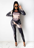 US Money Dollar Print Sexy Fitness Bodysuits for Women Sheer Mesh Spliced Long Sleeve Slim Jumpsuit Streetwear Skinny Overalls