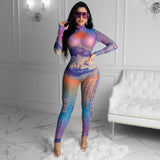US Money Dollar Print Sexy Fitness Bodysuits for Women Sheer Mesh Spliced Long Sleeve Slim Jumpsuit Streetwear Skinny Overalls