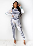 US Money Dollar Print Sexy Fitness Bodysuits for Women Sheer Mesh Spliced Long Sleeve Slim Jumpsuit Streetwear Skinny Overalls