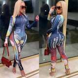 US Money Dollar Print Sexy Fitness Bodysuits for Women Sheer Mesh Spliced Long Sleeve Slim Jumpsuit Streetwear Skinny Overalls