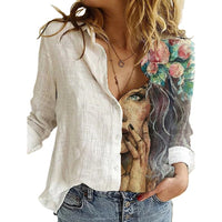 Women Portrait Print Turn-down Collar Button Blouse Shirt 2020 Autumn Long Sleeve Tops Lady New Casual Plus Size Vintage Blouses