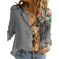 Women Portrait Print Turn-down Collar Button Blouse Shirt 2020 Autumn Long Sleeve Tops Lady New Casual Plus Size Vintage Blouses