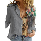 Women Portrait Print Turn-down Collar Button Blouse Shirt 2020 Autumn Long Sleeve Tops Lady New Casual Plus Size Vintage Blouses