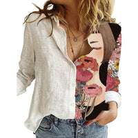 Women Portrait Print Turn-down Collar Button Blouse Shirt 2020 Autumn Long Sleeve Tops Lady New Casual Plus Size Vintage Blouses