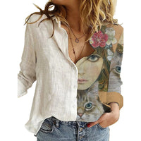 Women Portrait Print Turn-down Collar Button Blouse Shirt 2020 Autumn Long Sleeve Tops Lady New Casual Plus Size Vintage Blouses
